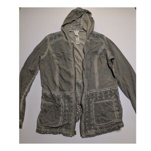 Zenergy by Chicos Womens Olive Green Eyelet Lace Trim Zipup Hoodie Jacket Size 1